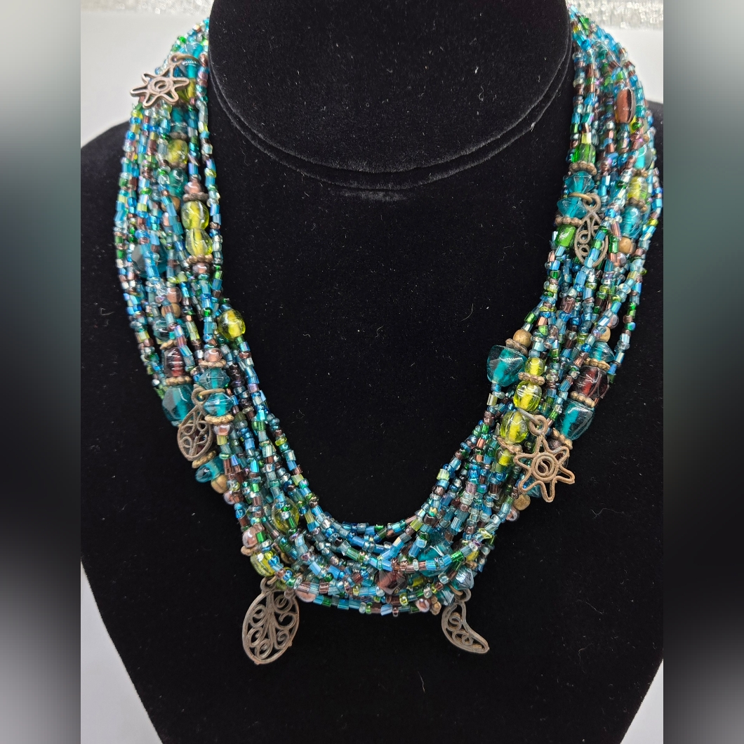 Glass Necklace Multi-Strand Colorful Mix Of Seed Beads, Larger Beads & Charms